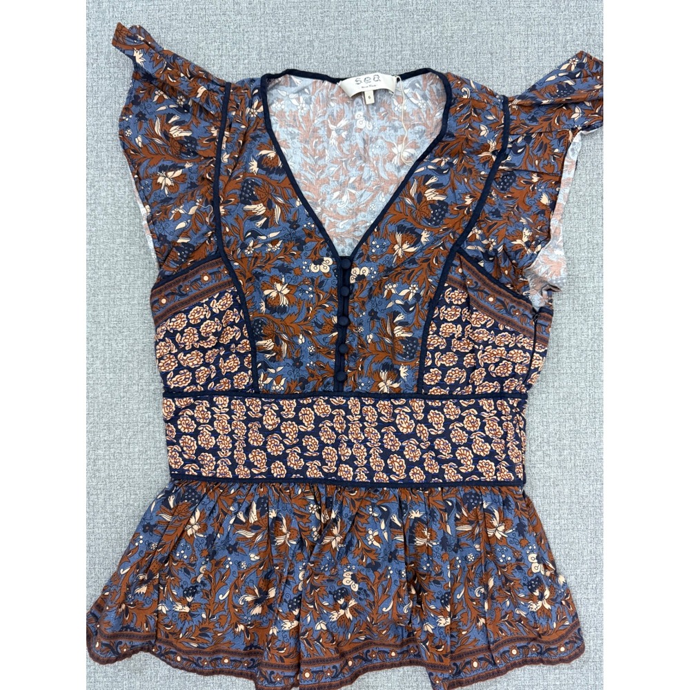 Sea New York Gemma Mixed Floral Print Cotton Peplum Blouse Blue Brown Size 6